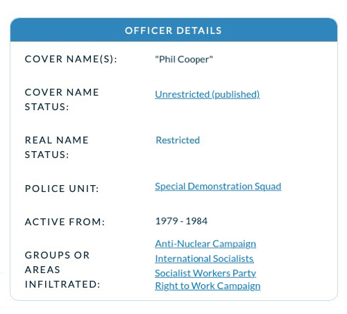 ‘Phil Cooper’ (HN155) joined the SDS in 1979. His date of deployment is uncertain and his real name remains restricted. Cooper was not asked to give live evidence to the inquiry due to poor health. Cooper’s is an odd story when it comes to relationships in his cover identity. Two Risk Assessors employed by the MPS <a href="https://www.ucpi.org.uk/publications/extract-from-david-reids-risk-assessment-of-hn155" target="blank" rel="noopener noreferrer">gave evidence</a> to the Inquiry stating that Cooper admitted to two or three sexual encounters whilst undercover, but Cooper says he was just speaking hypothetically, and <a href="https://www.ucpi.org.uk/publications/supplemented-witness-statement-of-hn155" target="blank" rel="noopener noreferrer">denies</a> he had sex with activists.